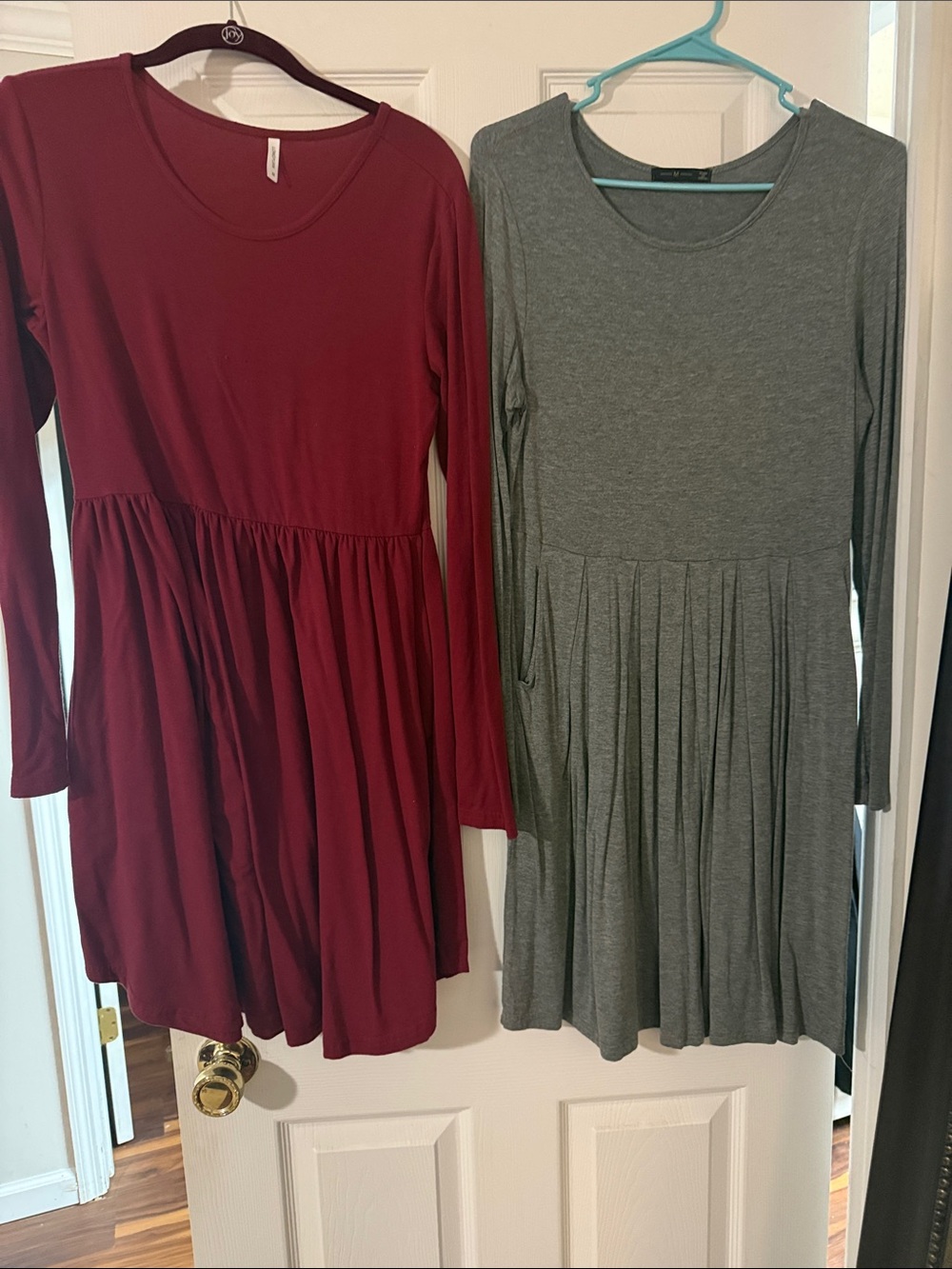 Long-Sleeve Pleated Skater Dress - Burgundy and Gray